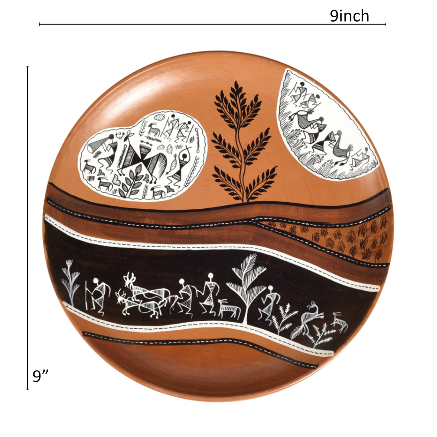 Handpainted Warli Earthen Plate for Wall Decor (9x9)