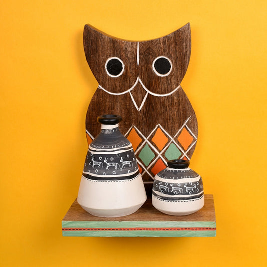 Wall Decor Owl Shelf with 2 Pots Handcrafted in Wood (6.5x4x9.2)