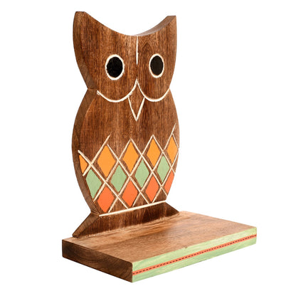 Wall Decor Owl Shelf with 2 Pots Handcrafted in Wood (6.5x4x9.2)