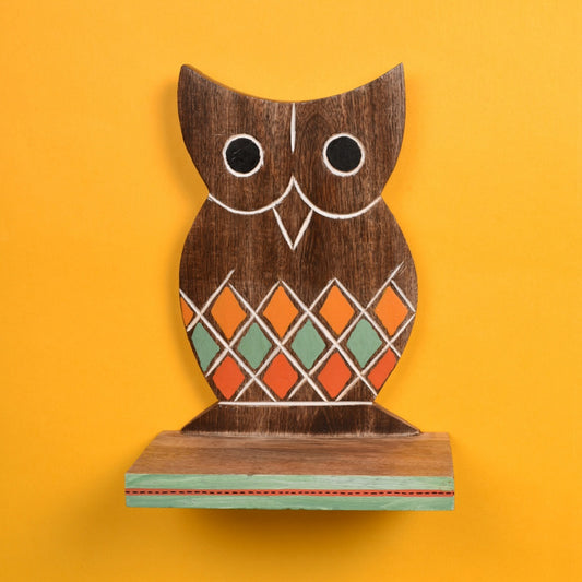 Wall Decor Handcrafted Wooden Tribal Art Owl Shelf (6.5x4x9.2)