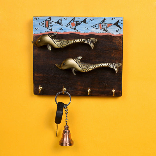 Key Holder Handcrafted Tribal Art Fish Handle 4 keys (7x2x6.2)