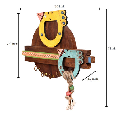 Key Holder Handcrafted Tribal Art Bird Theme 4 Keys (10x1.7x7.5)
