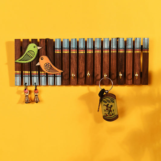 Handcrafted Tribal Art Rose Wood Key Holder Strips & birds 4 keys (12 x 1.4 in)