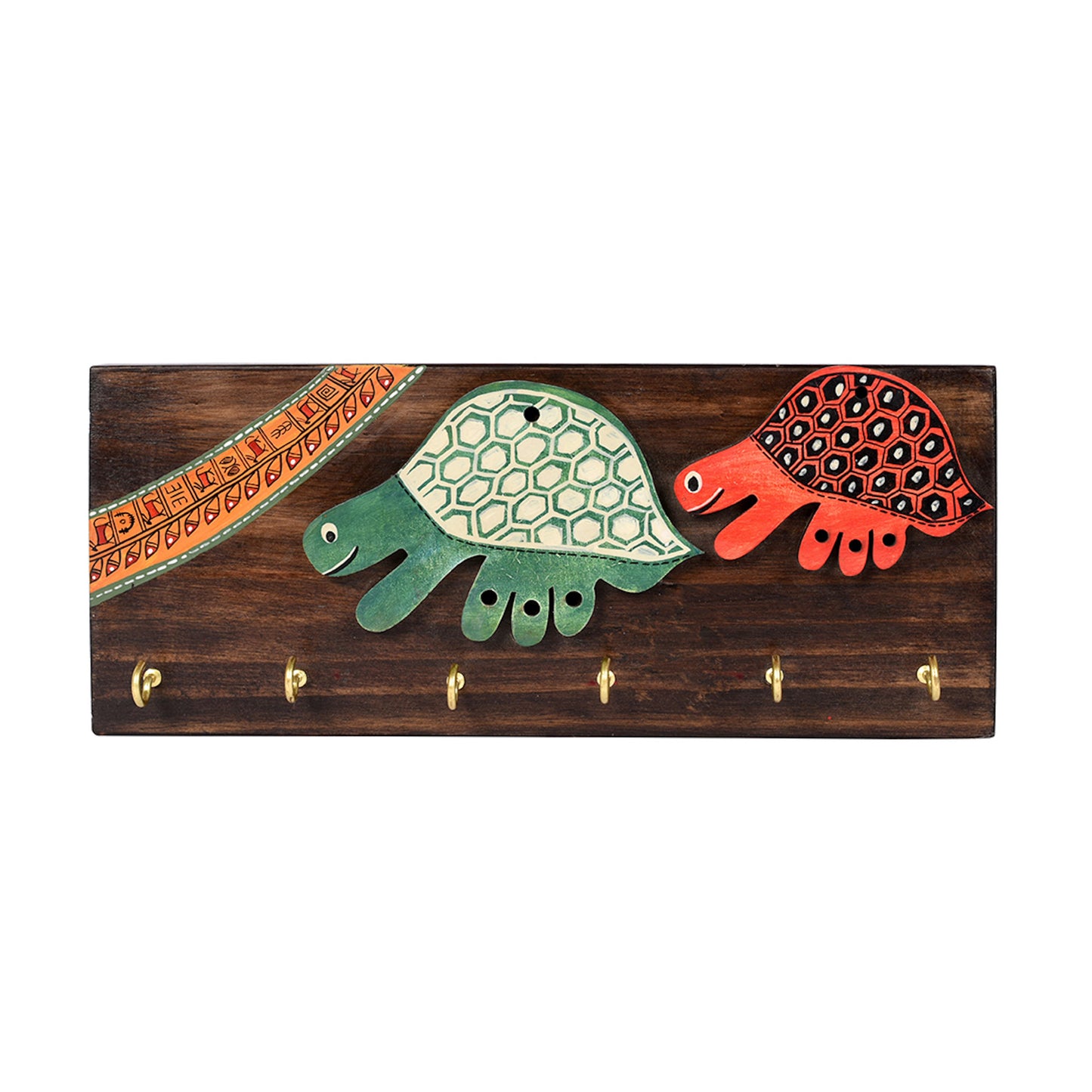 Key Holder Handcrafted Tribal Art Turtle 6 Keys (12x2x4.7)