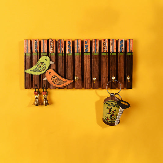 Key Holder Handcrafted Tribal Art Wooden Strips & birds 4 keys (9x1.4x5.4)