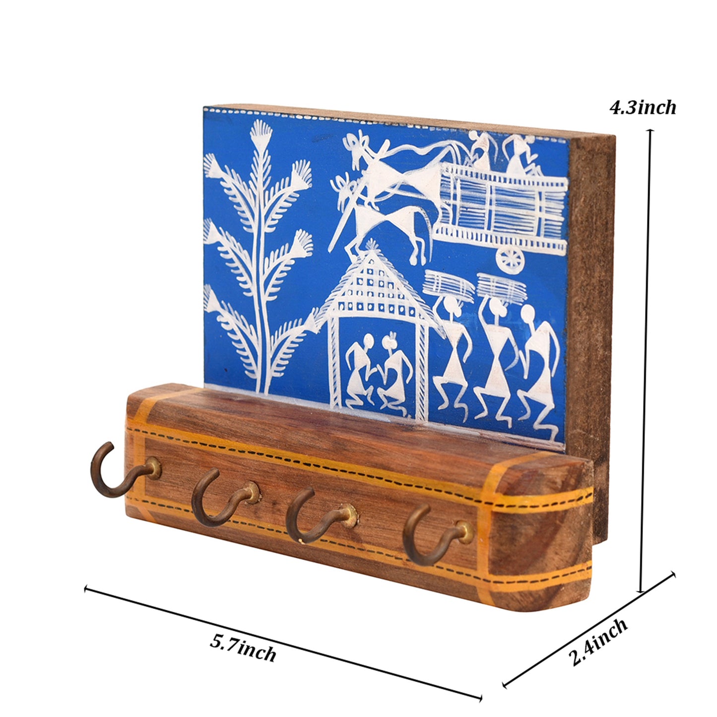 Blue Key Hanger with 4 Hooks adorned with Warli motifs (5.7x2.4x4.3)