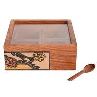 Spice Box Handcrafted Tribal Art 4 Slot Wooden with Spoon (6x6x2)