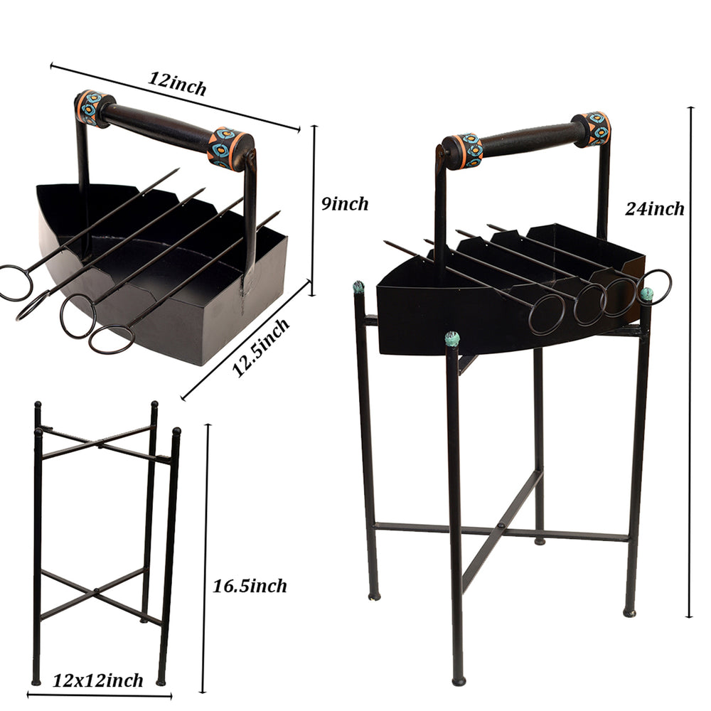 Stylish Steam Iron Bar-B-Que with Skewers on Cross Folding Metal Stand (12x12x24)