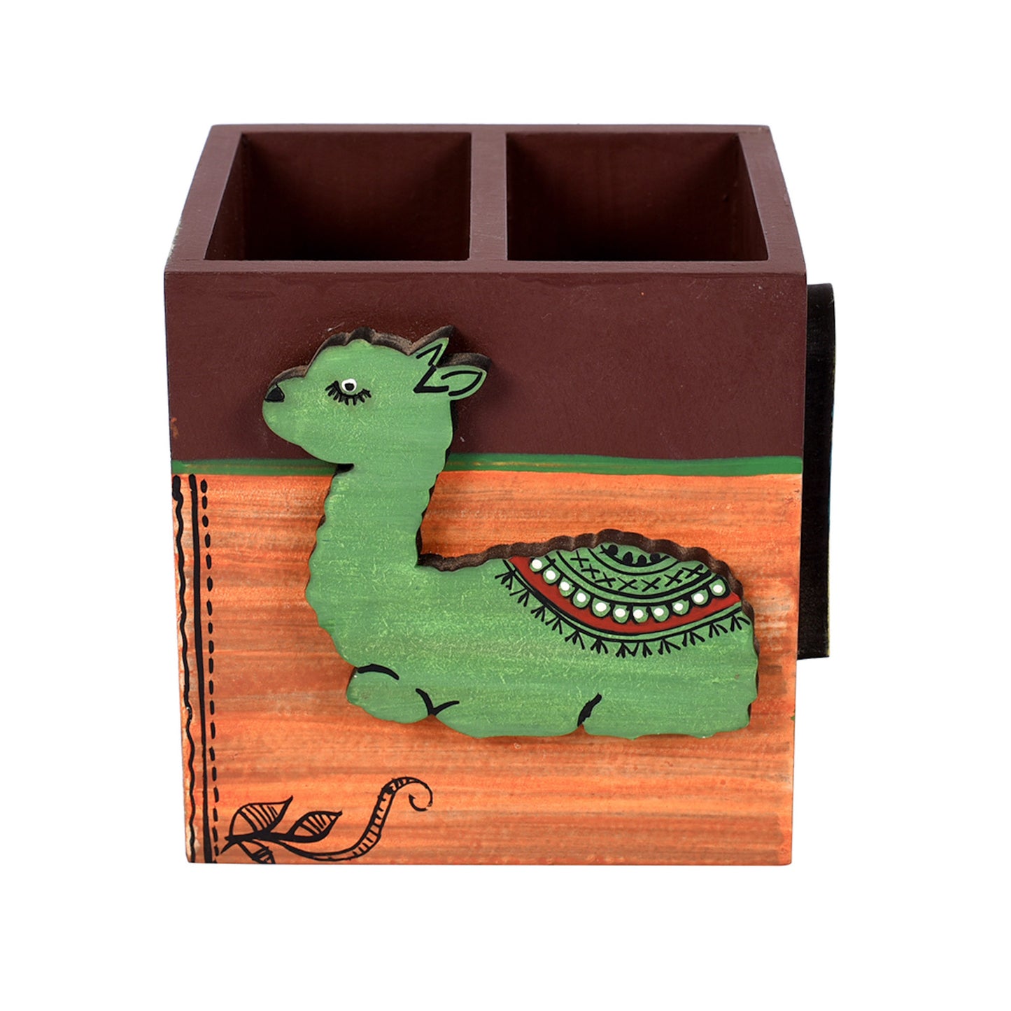 Handcrafted Tribal Art Wooden Pen Stand with Alpaca Motif (4.2 x 3.6 in)