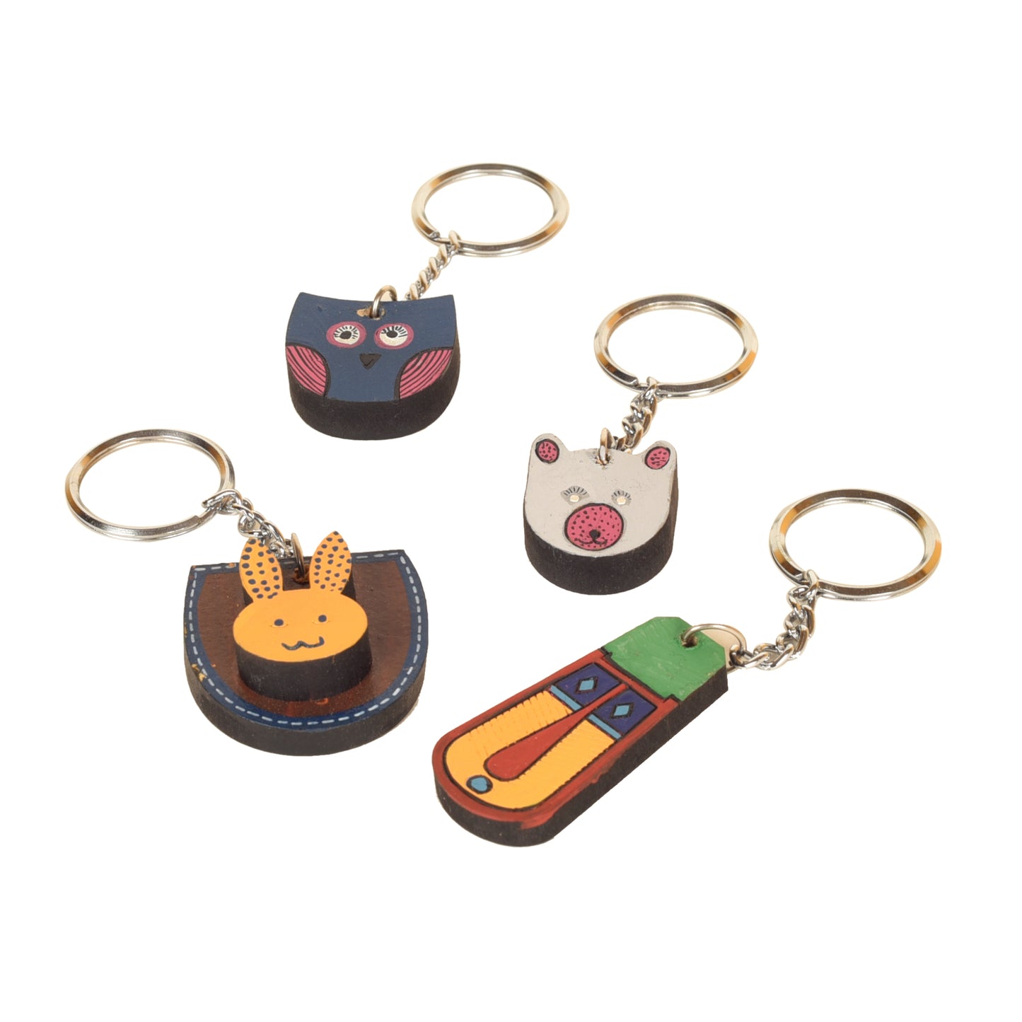 Quirky Animals Handcrafted Wooden Keychains (Set of 4)