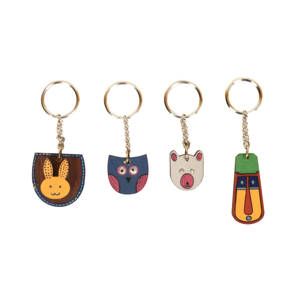 Quirky Animals Handcrafted Wooden Keychains (Set of 4)