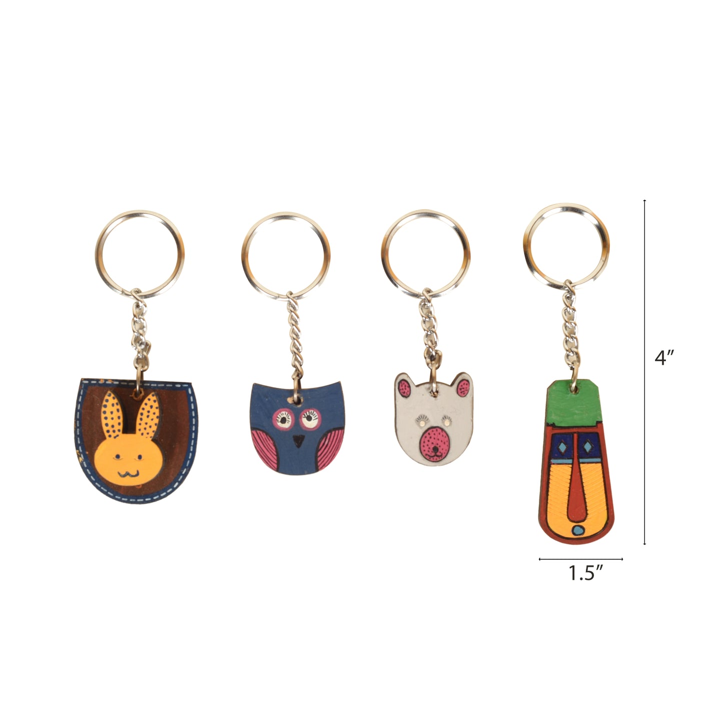 Quirky Animals Handcrafted Wooden Keychains (Set of 4)