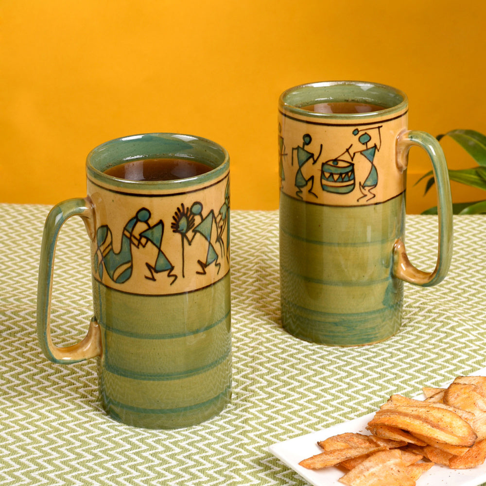 Mug Ceramic Yellow Warli (Set of 2) (5x3.75x3.1)