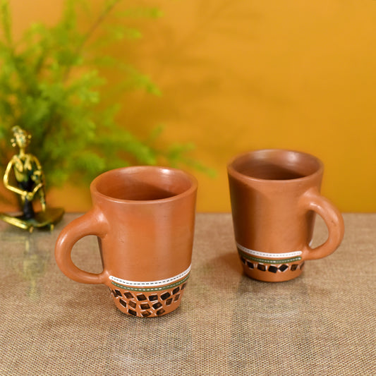 Knosh-4 Earthen Mugs with Tribal Motifs (Set of 2)
