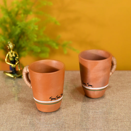 Knosh-5 Earthen Mugs with Caned Handle (Set of 2)