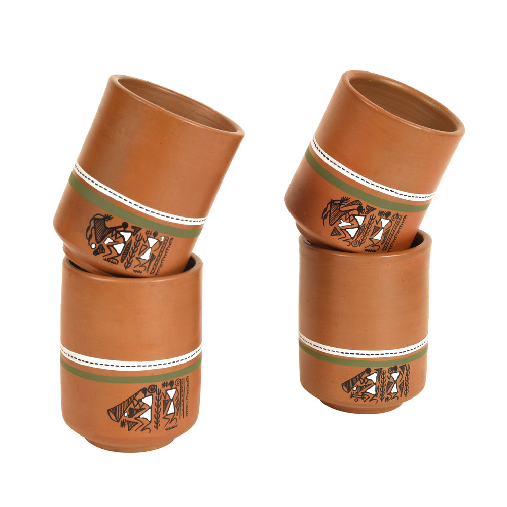 Knosh-C Earthen Mugs with Tribal Motifs (Set of 4)