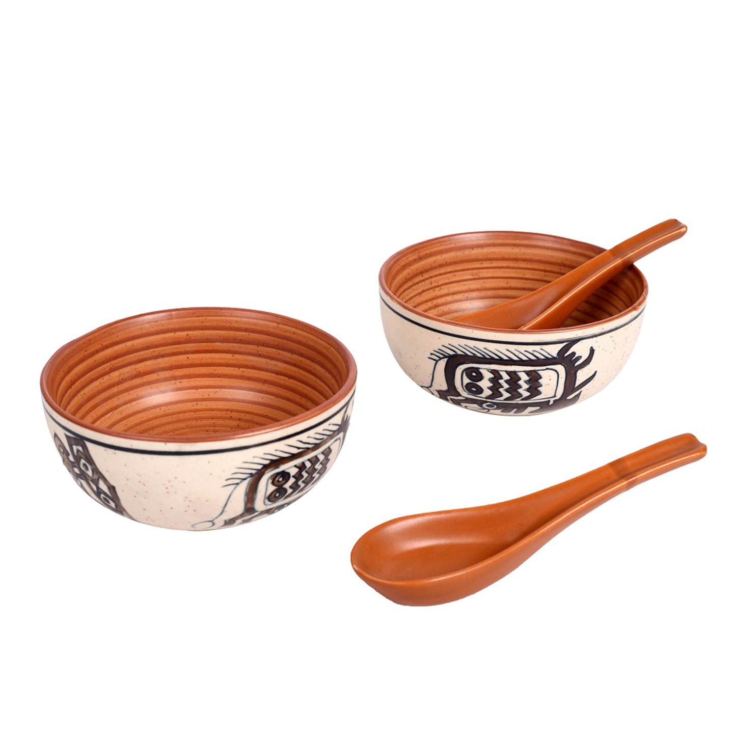 Soup Bowl Ceramic Tribal Motif with spoon (Set of 2) (2.2x5)