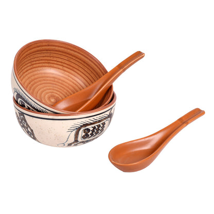 Soup Bowl Ceramic Tribal Motif with spoon (Set of 2) (2.2x5)
