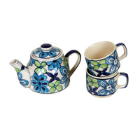 Electric Blue Flower Tea Kettle And Cups