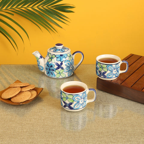 Electric Blue Flower Tea Kettle And Cups