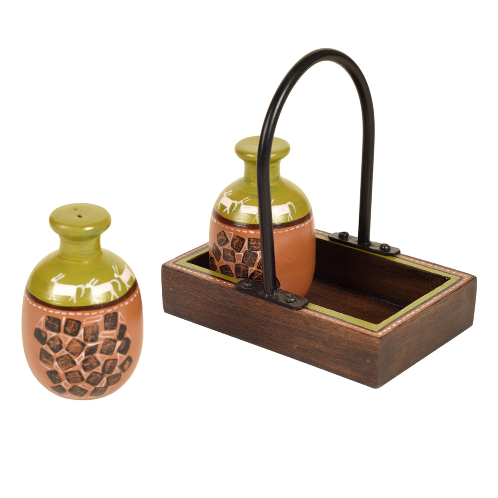 Asmi Earthen Salt n Pepper Shaker in Wood Tray