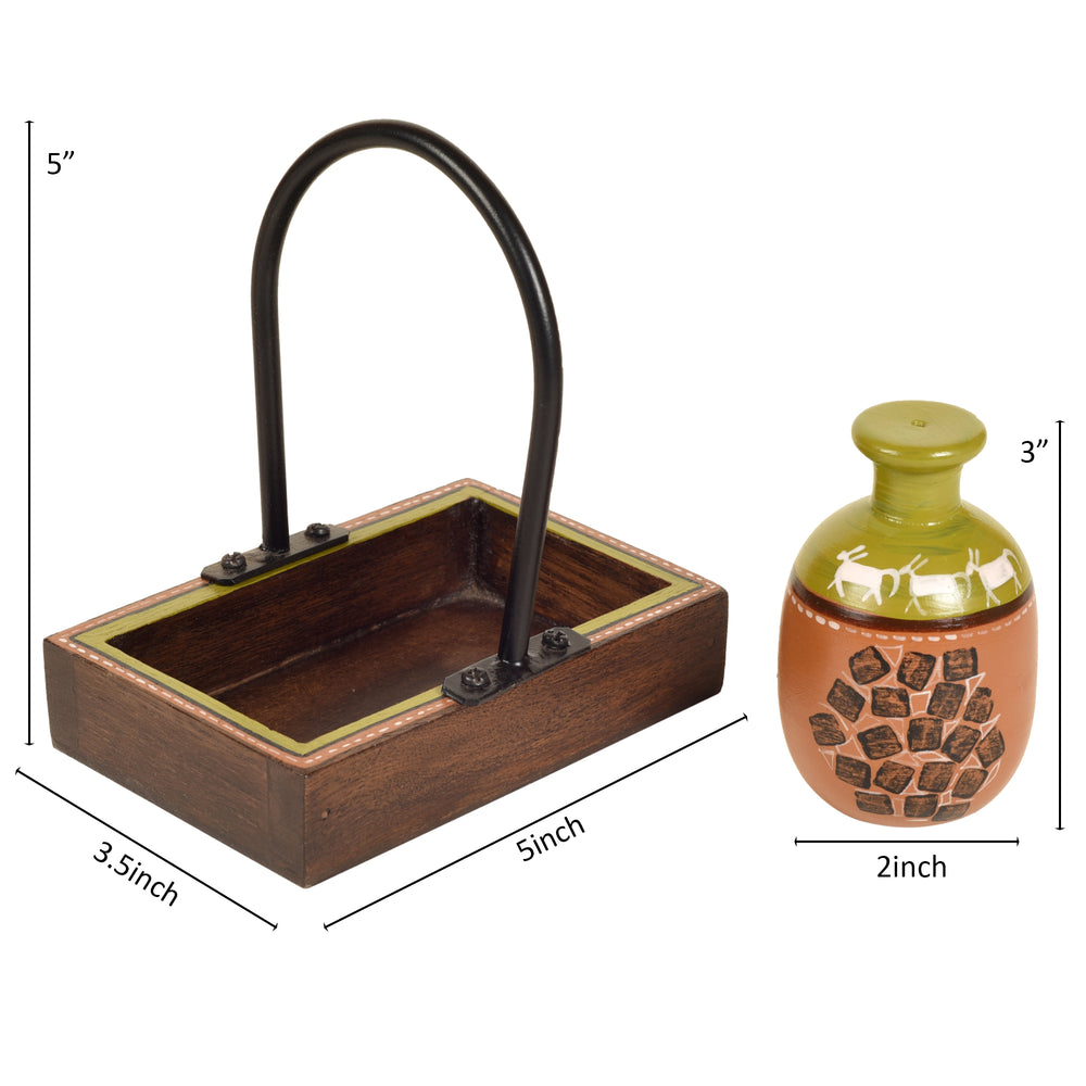 Asmi Earthen Salt n Pepper Shaker in Wood Tray