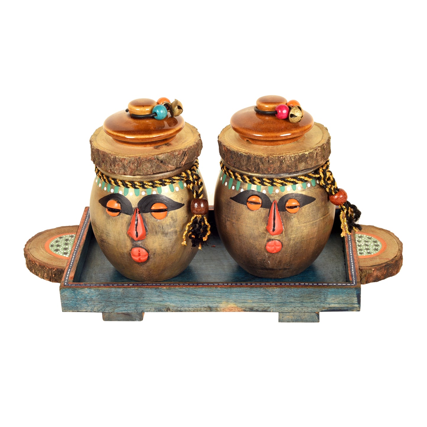 Happy Tribals Storage Jars and Handcrafted Tray (Set of 3)