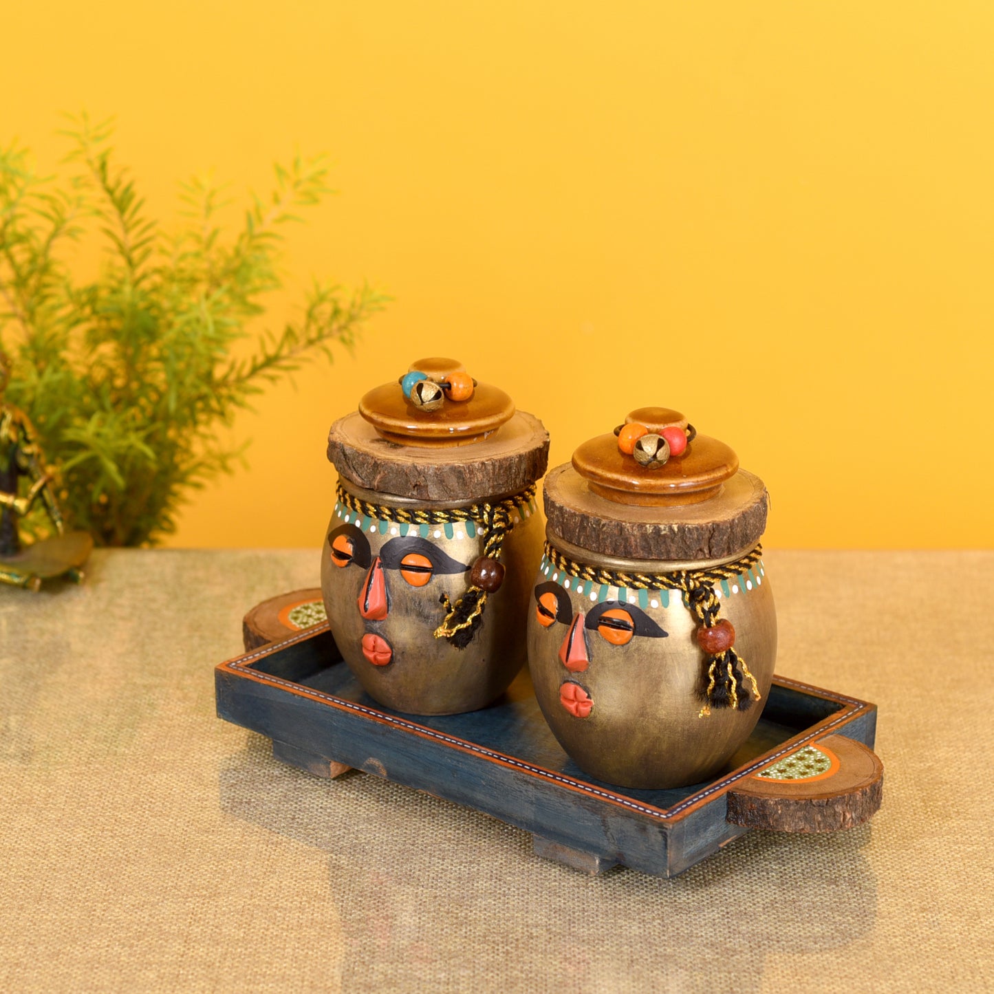 Happy Tribals Storage Jars and Handcrafted Tray (Set of 3)