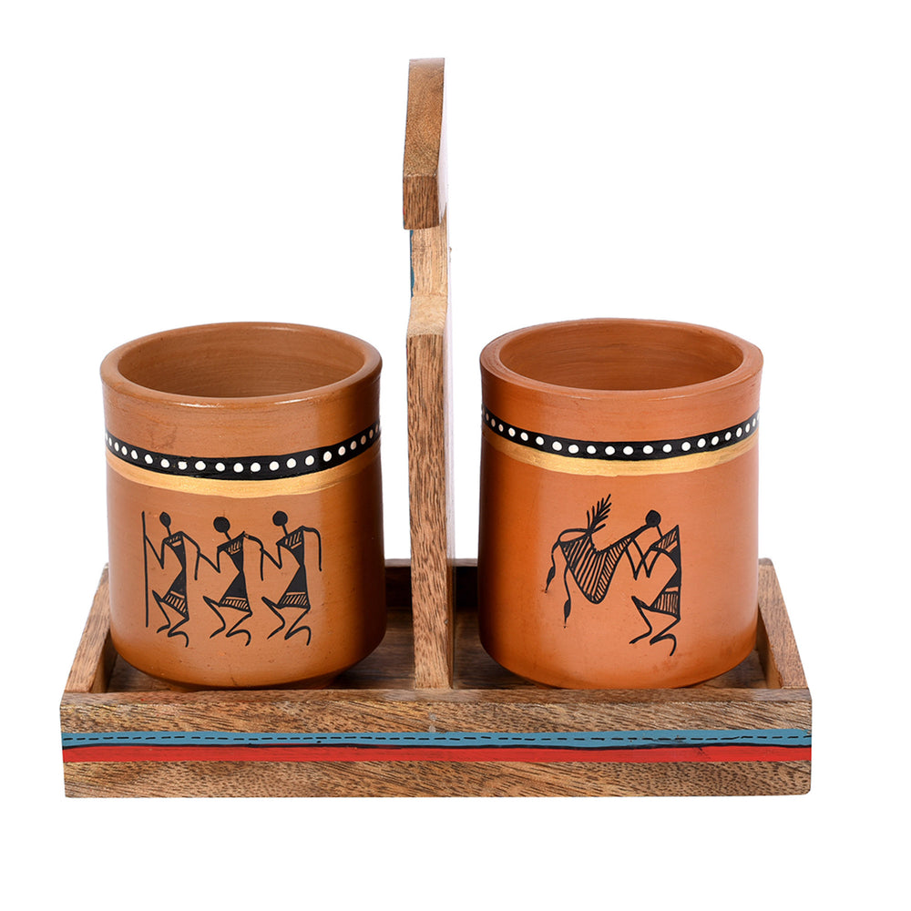 Cup Holder & 2 Earthen Mugs 