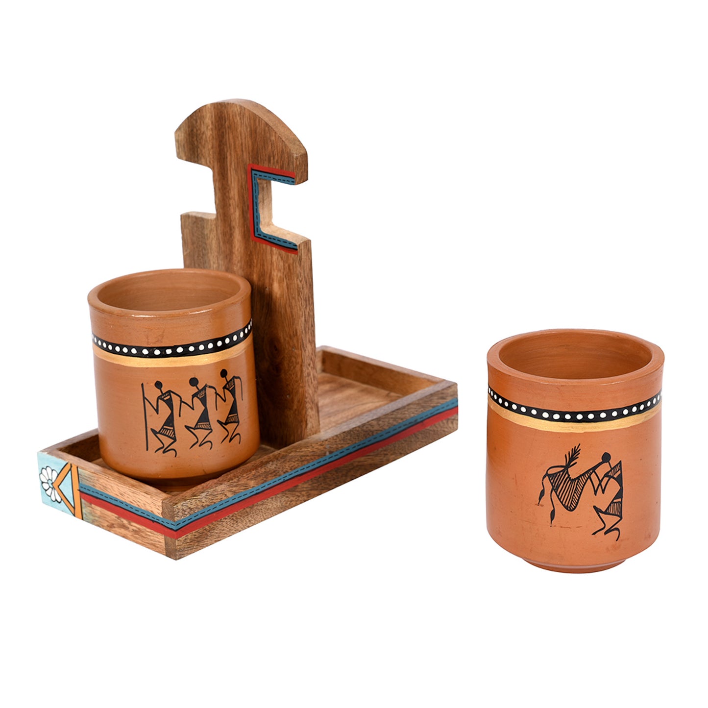 Cup Holder & 2 Earthen Mugs (Set of 3) (7x3.3x7)