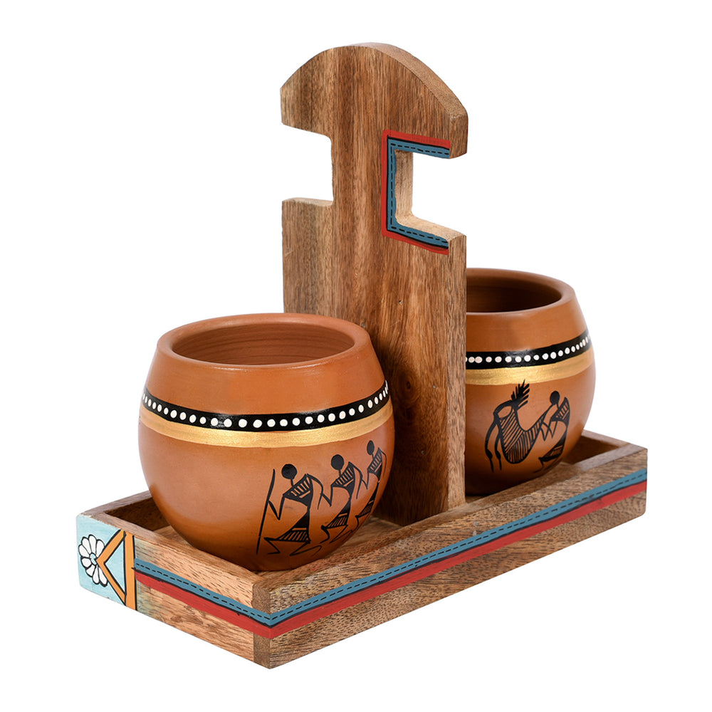 Cup Holder & 2 Earthen Kullad 