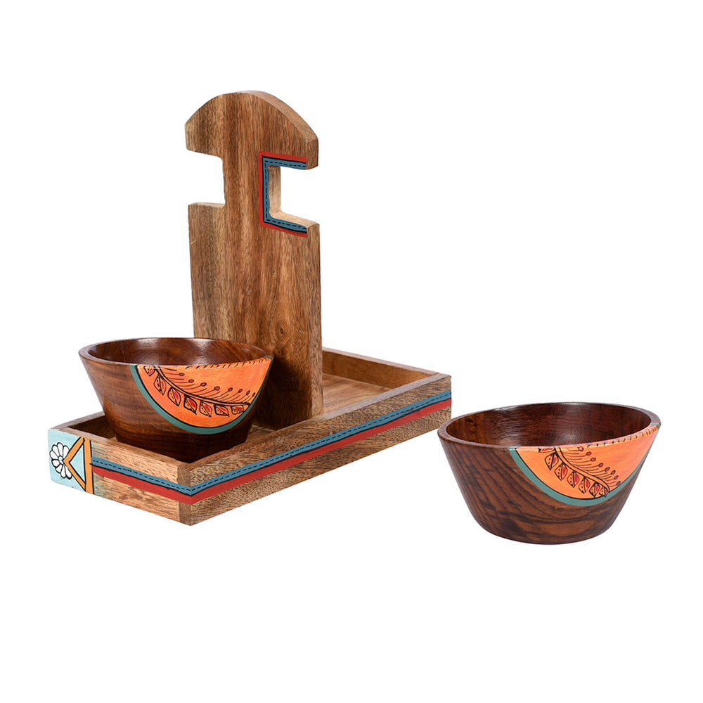 Bowl Holder & 2 Wooden Bowls (Set of 3) (9x4.4x6.4)