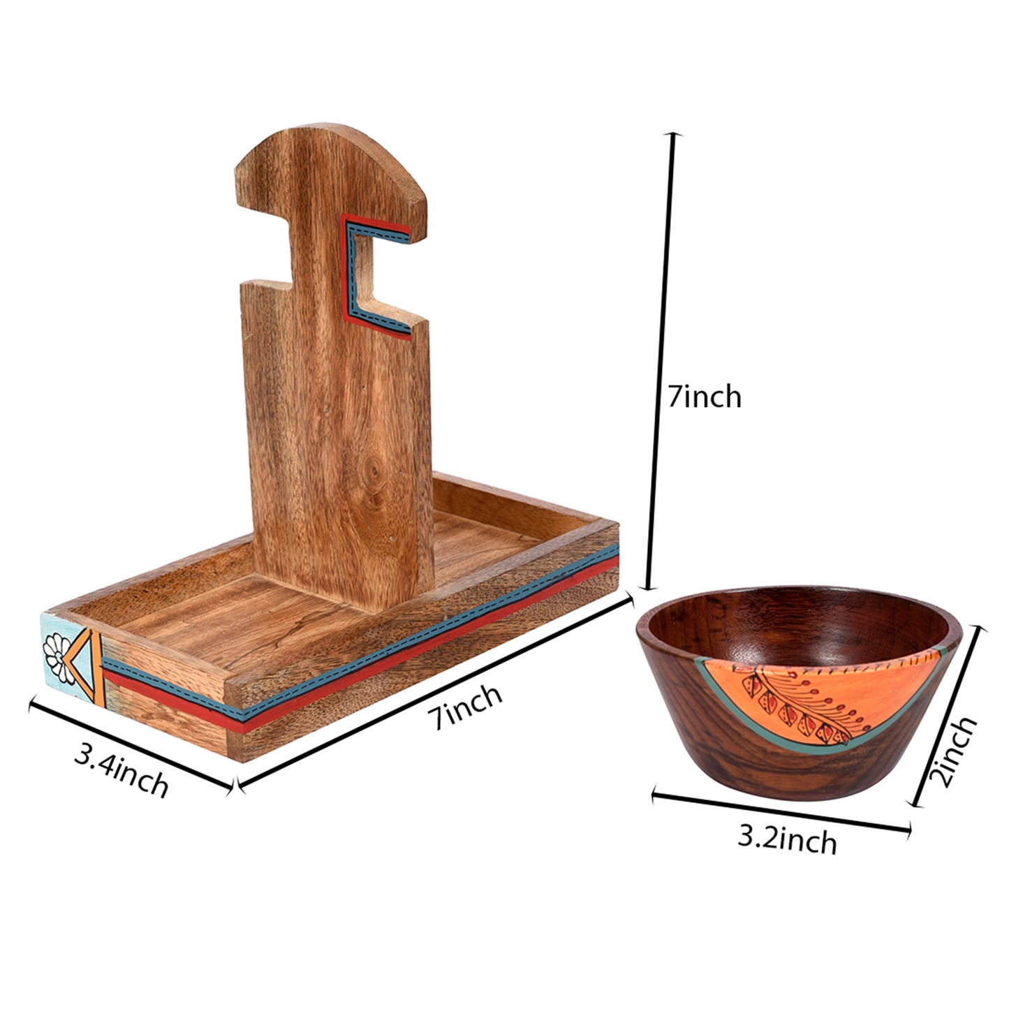 Bowl Holder & 2 Wooden Bowls (Set of 3) (9x4.4x6.4)