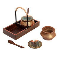 Wooden Handi Set with Stylish Metal Handle Tray (7.5x4x5.2)