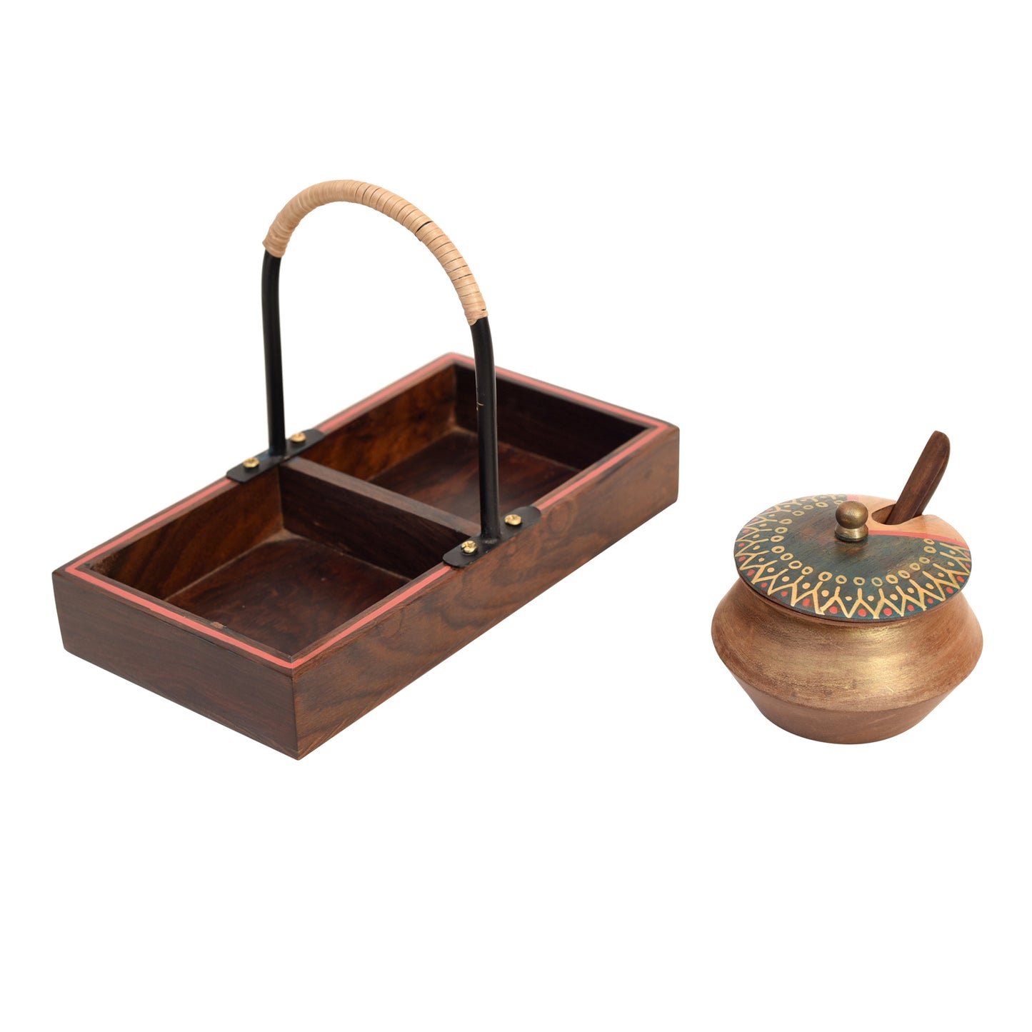 Wooden Handi Set with Stylish Metal Handle Tray (7.5x4x5.2)