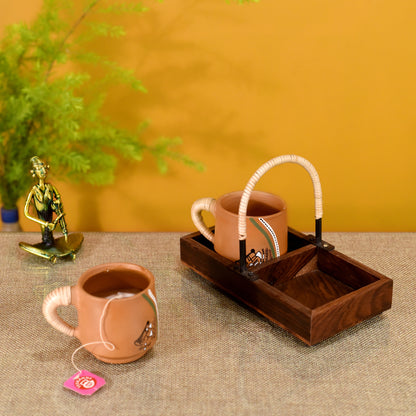 Happy Morning Earthen Cups with Cane Embellished Tray