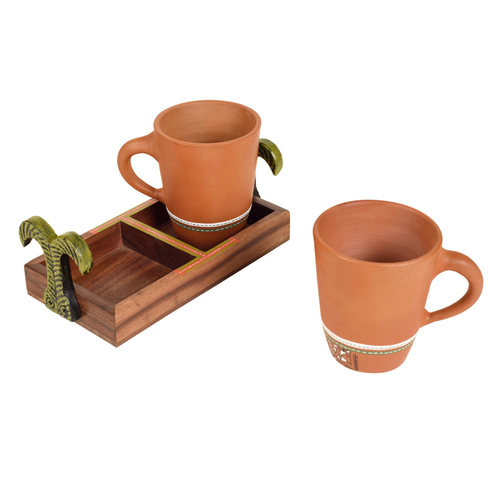 Happy Morning Earthen Coffee Mugs & Wooden Tray