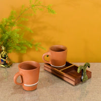 Happy Morning Earthen Coffee Mugs & Wooden Tray