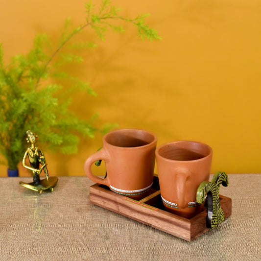 Happy Morning Earthen Coffee Mugs & Wooden Tray