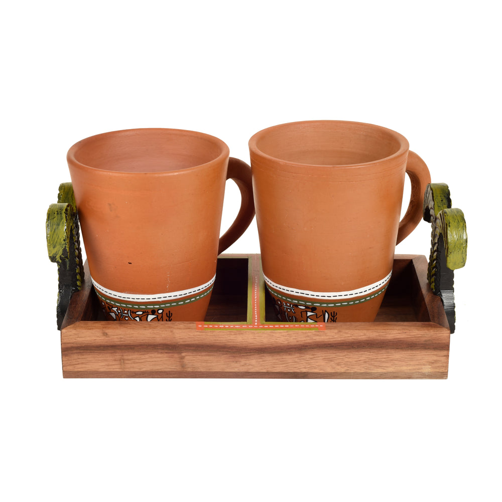 Happy Morning Earthen Coffee Mugs & Wooden Tray