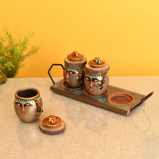 Happy Tribals Storage Jars and Handcrafted Tray (Set of 4)