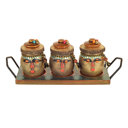 Happy Tribals Storage Jars and Handcrafted Tray (Set of 4)