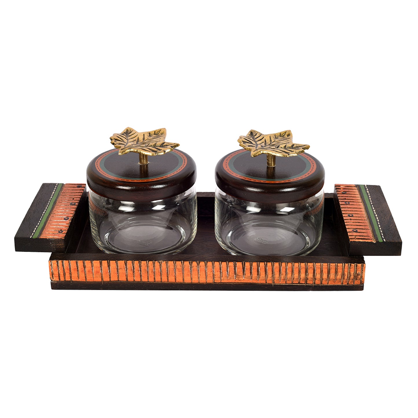 Tray in Wood & 2 Glass Jaars with Brass Handle Lids (Set of 3) (12x5)