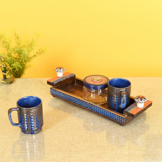 Handcrafted Mango Wood Breakfast Tray with Two Cups & One Jaar