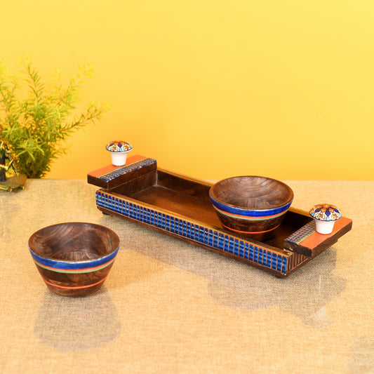 Handcrafted Mango Wood Serving Tray with Two Bowls