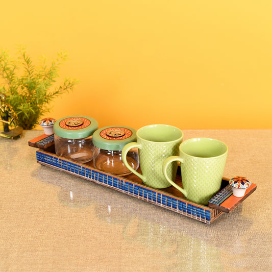 Handcrafted Mango Wood Breakfast Tray with Two Cups & Glass Jaars