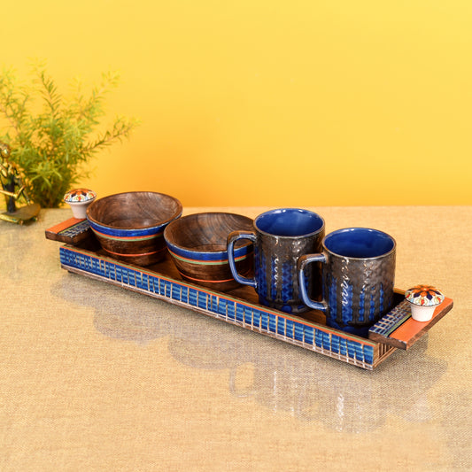 Handcrafted Mango Wood Breakfast Tray with Two Cups & Bowls