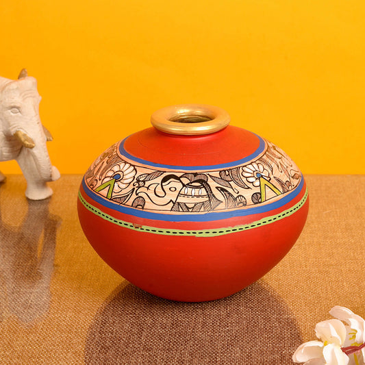 Vase Earthen Handcrafted Red Madhubani 4.5x5.5(HxD)