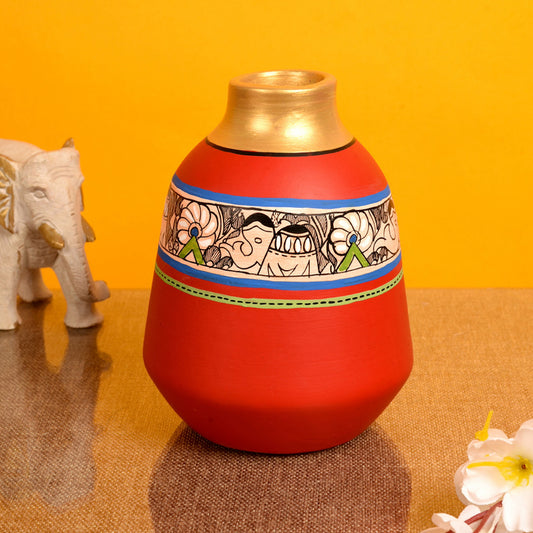 Vase Earthen Handcrafted Red Madhubani 6.5x5.5(HxD)