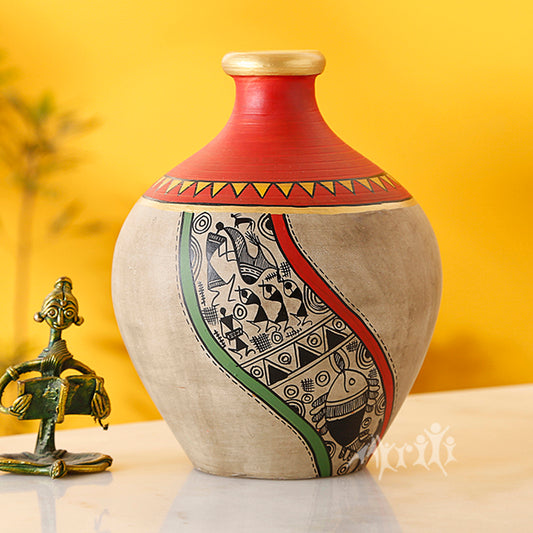 Vase Earthen Handcrafted Red & Gold Warli 5x4(HxD)